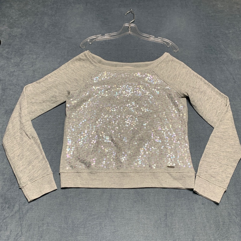 Abercrombie & Fitch Sweatshirt Womens Large Gray Sequin Raglan Sleeve Boat Neck